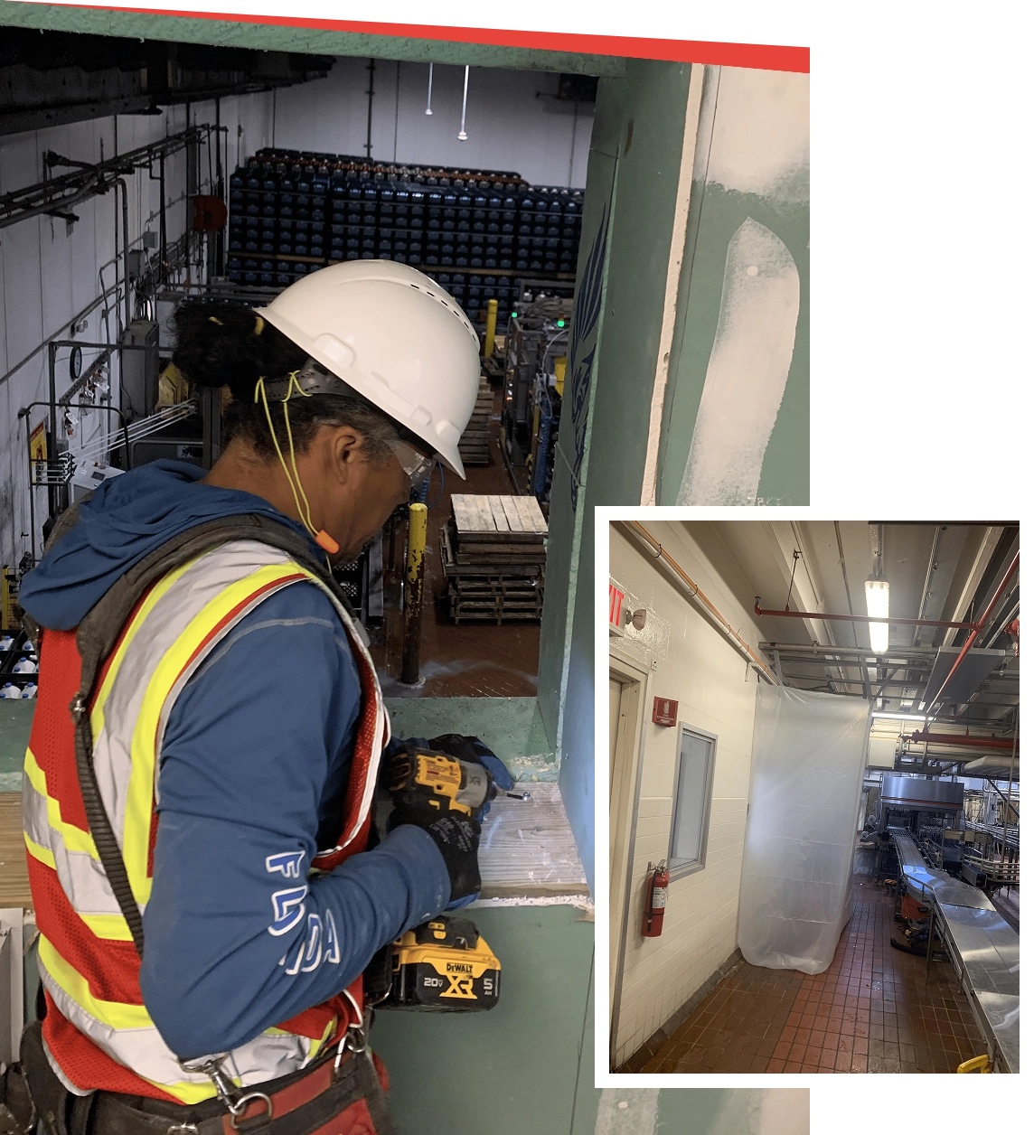Construction worker using a drill indoors.