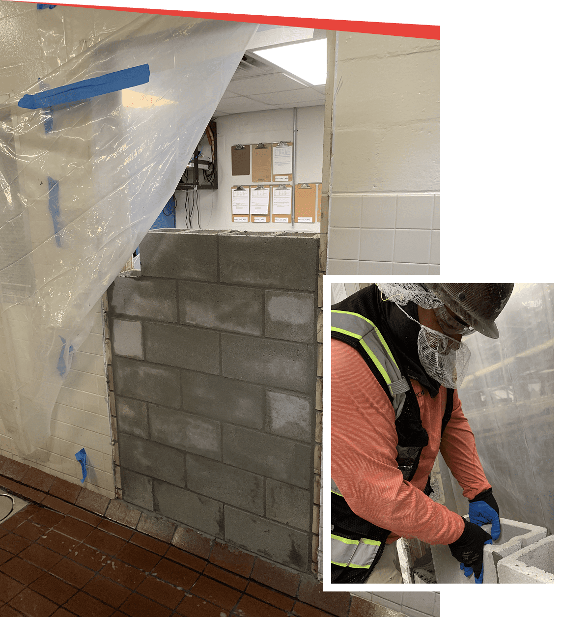 Construction worker building a cinder block wall.